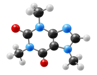 Молекула кофеина — трёхмерная шаростержневая модель C8H10N4O2