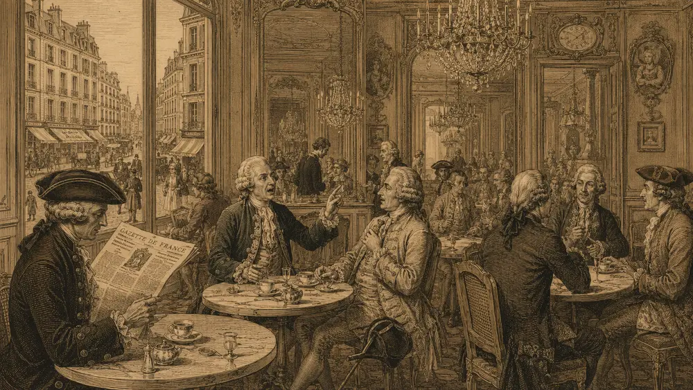 Интерьер парижского Café Procope XVIII века — посетители в париках и треуголках за мраморными столиками, люстры, зеркала, вид на парижскую улицу