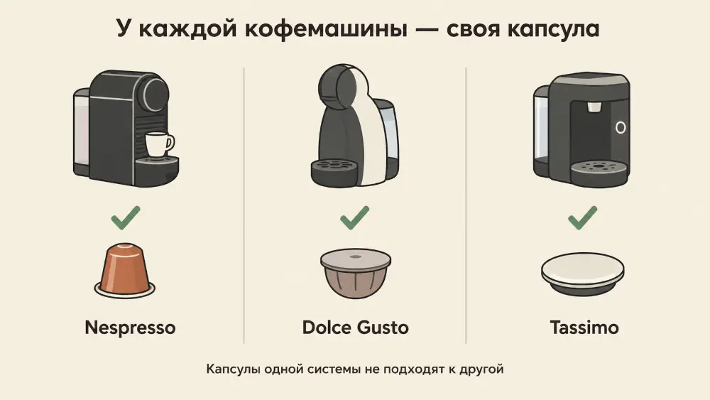 Схема трёх капсульных систем — Nespresso, Dolce Gusto и Tassimo — с их капсулами и кофемашинами